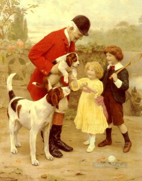 ペットと子供 Painting - ハンツマンズ ペットの牧歌的な子供たち アーサー ジョン エルスリーのペットの子供たち